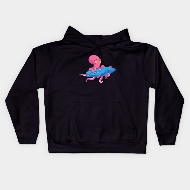 Octopus as Surfer with Surfboard Kids Hoodie by Markus Schnabel